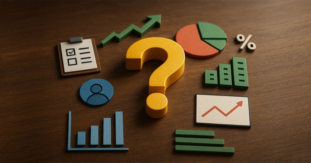 Realistic 3D icons of charts, percentage, checklist and a golden question mark on a wooden desk, representing decision-making in Business Intelligence.