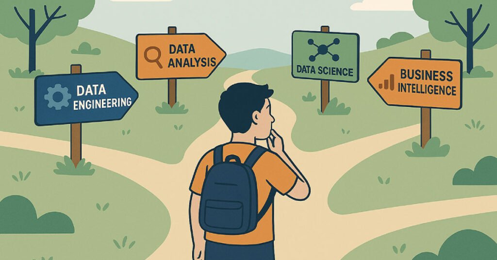Illustration comparing key data roles: data engineer, data analyst, data scientist, and BI analyst, with icons representing their tools and characteristics.