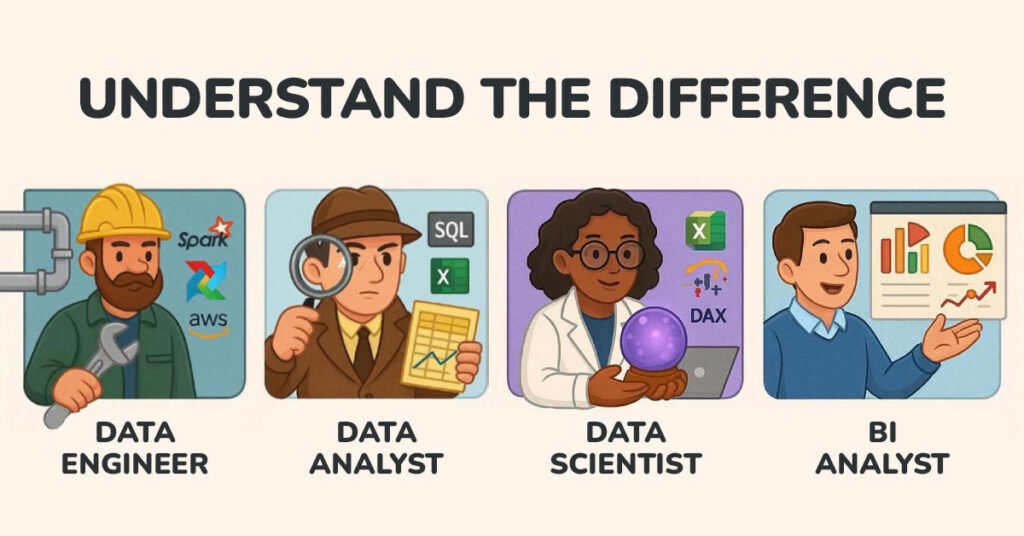 Illustrative image showing the roles of Data Engineer, Data Analyst, Data Scientist, and Business Intelligence (BI) Analyst. The Data Engineer is represented with tools and technologies like Spark and AWS; the Data Analyst with a magnifying glass and charts; the Data Scientist with a lab coat, Excel, and DAX; and the BI Analyst presenting dashboards and visual reports. Ideal for explaining careers and roles in the data field.