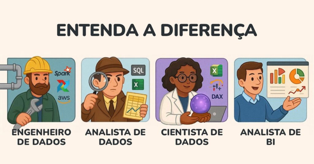 Imagem ilustrativa que apresenta os quatro principais perfis da área de dados — Engenheiro de Dados, Analista de Dados, Cientista de Dados e Analista de BI — com elementos visuais que representam suas ferramentas, foco de atuação e estilo profissional. Ideal para artigos sobre carreira em dados, BI e inteligência artificial. Imagem ilustrativa mostrando as funções de Engenheiro de Dados, Analista de Dados, Cientista de Dados e Analista de Business Intelligence (BI). O Engenheiro de Dados é representado com ferramentas e tecnologias como Spark e AWS; o Analista de Dados, com lupa e gráficos; o Cientista de Dados, com jaleco, Excel e DAX; e o Analista de BI, apresentando dashboards e relatórios visuais. Ideal para explicar carreiras e papéis na área de dados.